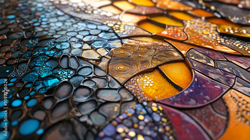 Poster vibrant abstract mosaic with intricate patterns, creating a stunning visual effect ideal for backgro