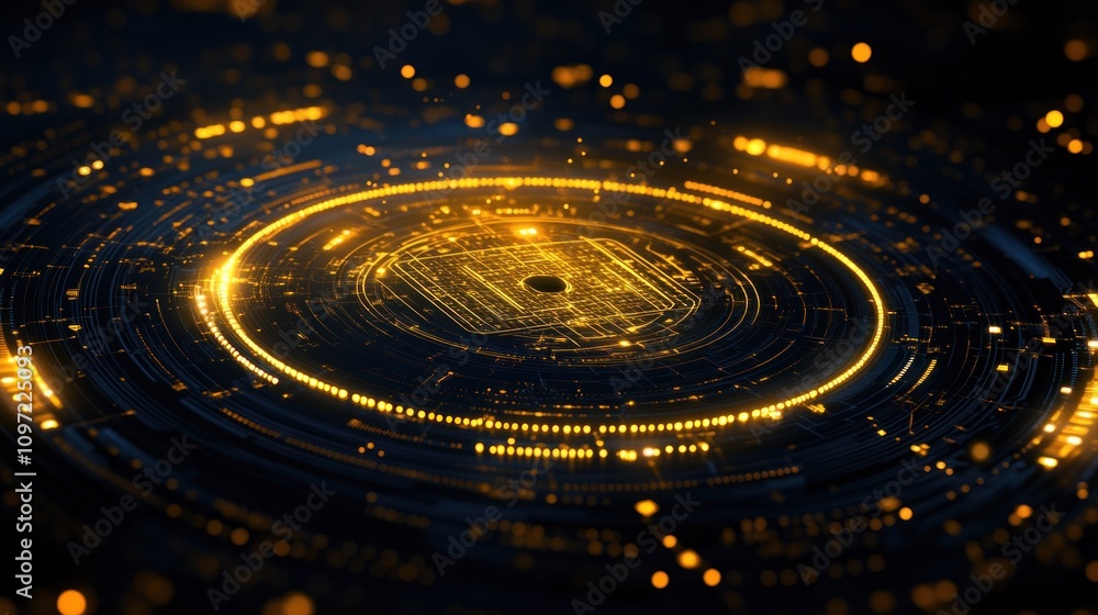 Poster A digital representation of interconnected data points in a circular pattern with glowing effects.