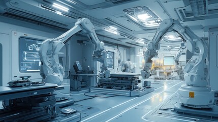 Obraz premium Efficient manufacturing facility with multiple robotic arms, clean workflow, futuristic ambiance