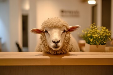 A sheep at the reception desk, greeting visitors with a friendly smile