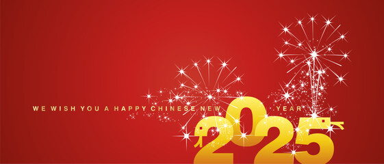 We wish you a Happy Chinese New Year 2025 shining firework golden typography elegant yellow orange numbers in shape of snakes on red background. 2025 Chinese year of the snake greeting card