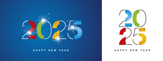 2025 Happy New Year modern black light typography logo sparkle firework. New Year 2025 colorful white orange blue red green black logo design concept vector on blue white background