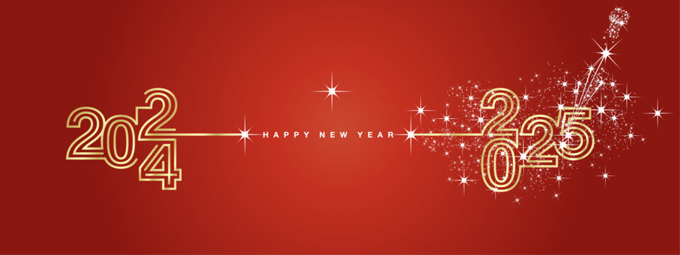 New year event 2025 compact golden triple line design in shape of foreward arrow and backward for 2024 with white sparkle firework, champagne open new year eve golden red vector greeting card