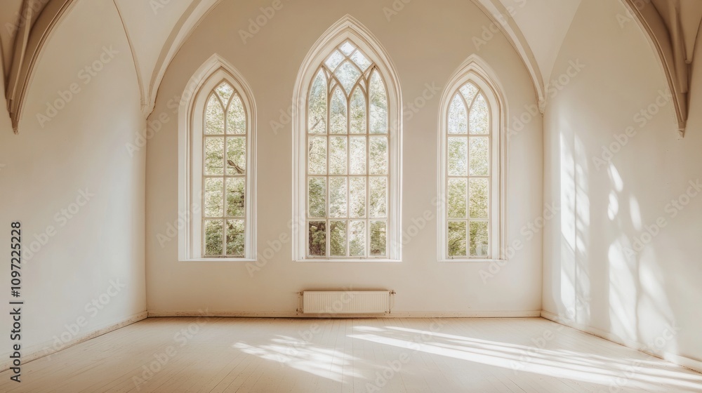 Poster a spacious, minimalist room with large arched windows allowing natural light.