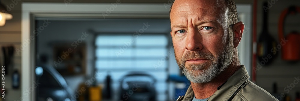 Poster a serious man stands in a garage, looking directly at the camera with an intense expression.