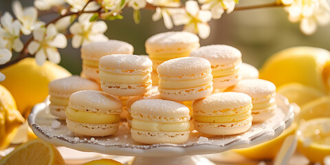 Elegant pastel lemon macarons on vintage cake stand with lemon slices and blossoms for a classic treat