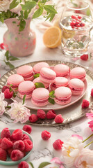 Naklejka premium Raspberry macarons on modern tray with fresh raspberries and flowers at table