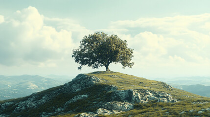 Solitary tree grows on a grassy hilltop, its branches reaching towards the sky above a vast, scenic valley