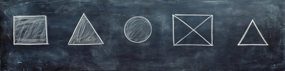 A pristine chalkboard adorned with simple geometric shapes.