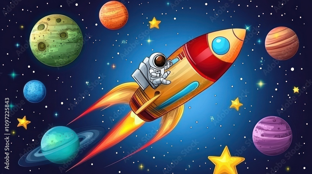 Poster astronaut soaring through space in a rocket ship. coloring book style.