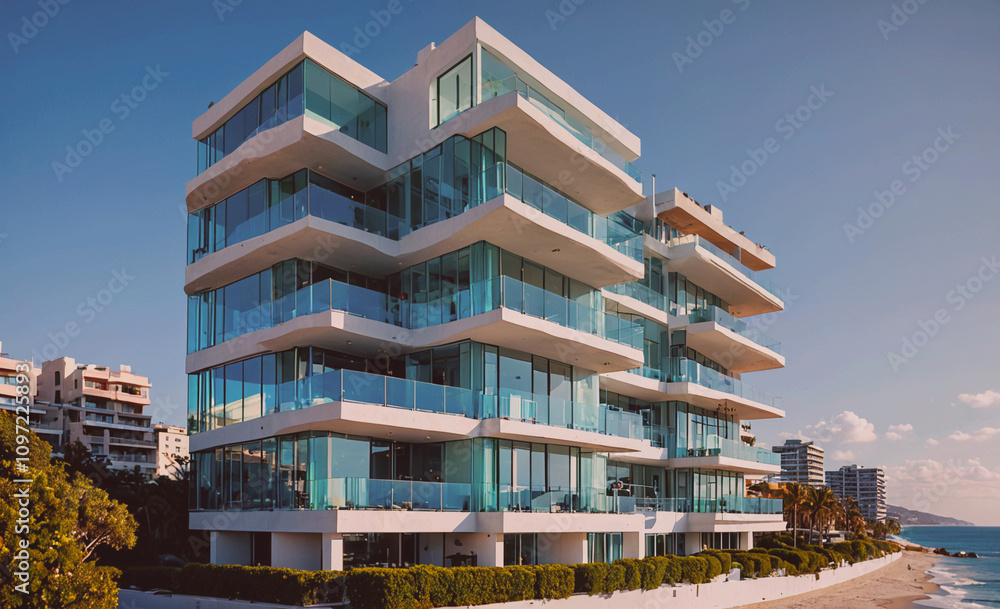 Aufkleber a large white building with a blue tint and a glass facade. the building is located near the ocean a