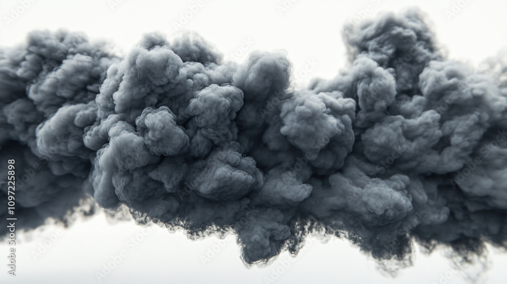 Poster Swirling, billowing dark gray smoke creating abstract shapes against a bright white backdrop