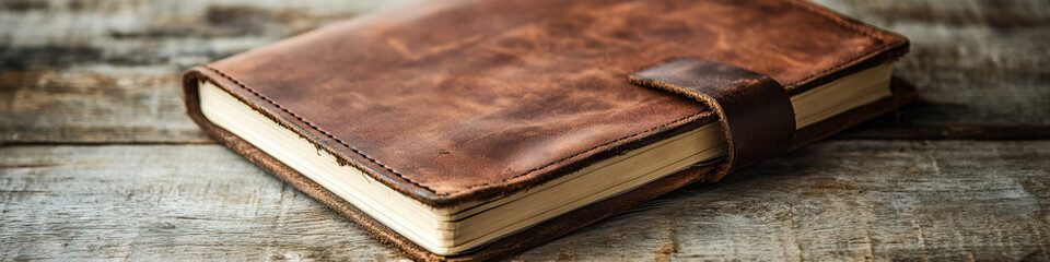 Obraz premium A leather bound notebook on a clean wooden desk, showcasing exquisite calligraphy.