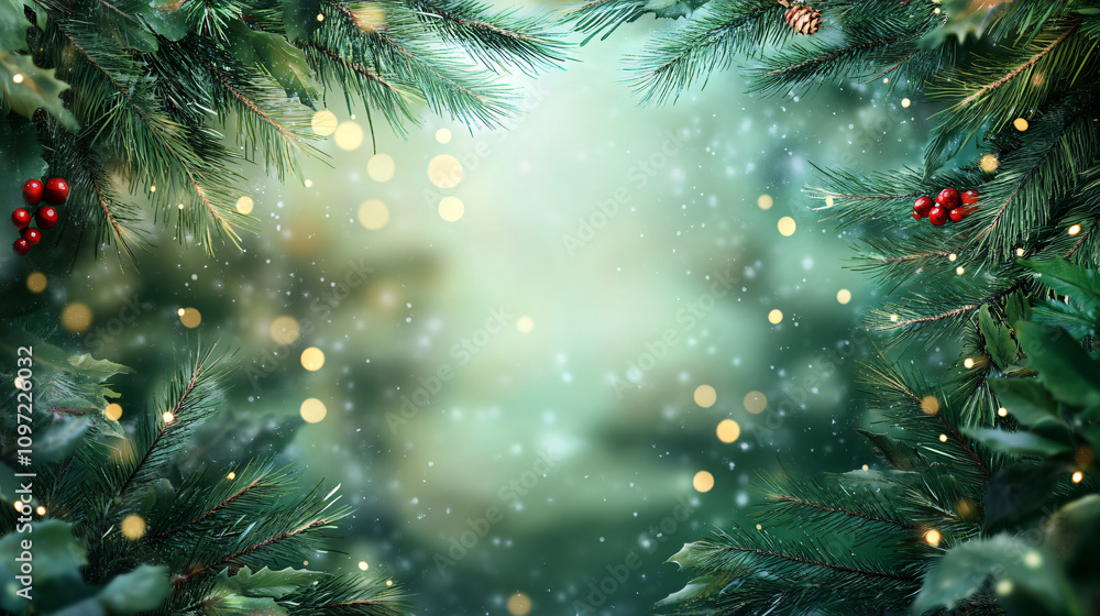 Poster christmas background with fir branches, red berries and blurred lights creating a magical atmosphere