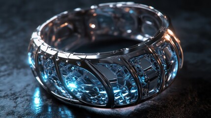 Futuristic silver ring with glowing blue energy.