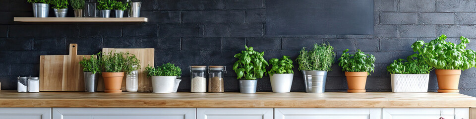 A kitchen island adorned with potted plants and a rustic chalkboard for recipe inspiration.