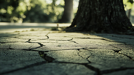 Cracked asphalt road near a tree trunk, representing the impact of drought and climate change