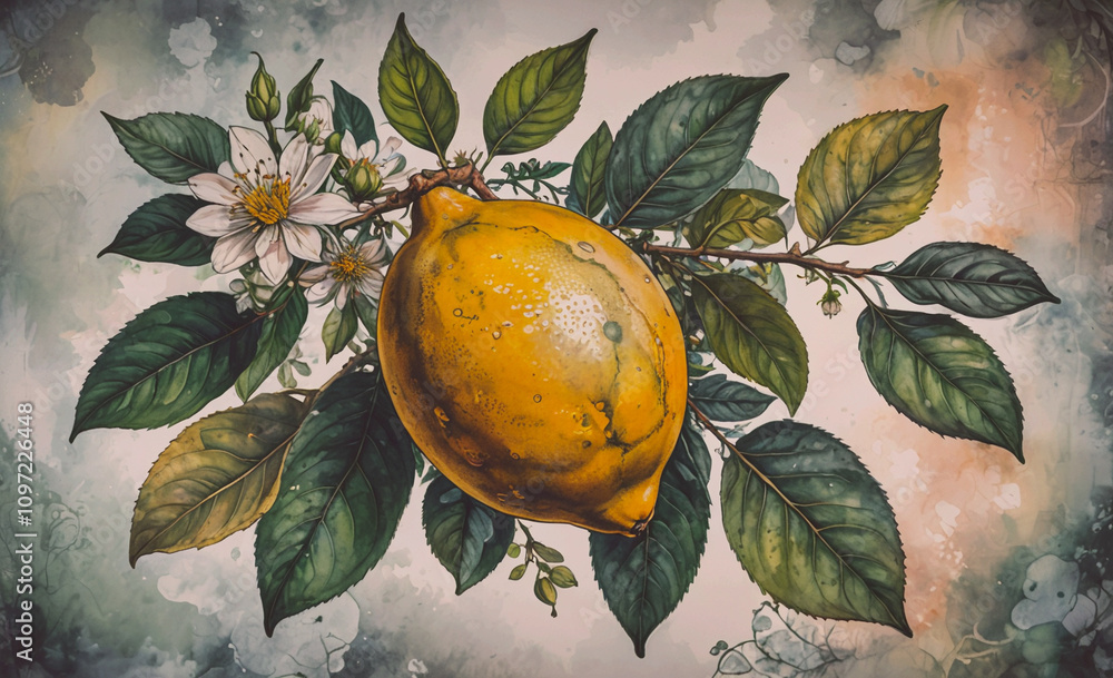 Poster a painting of a lemon with green leaves. the painting is of a lemon with a green leaf on it
