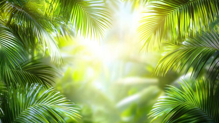 Naklejka premium Vibrant palm leaves set against a sunlit tropical rainforest, creating a serene and lush natural scene