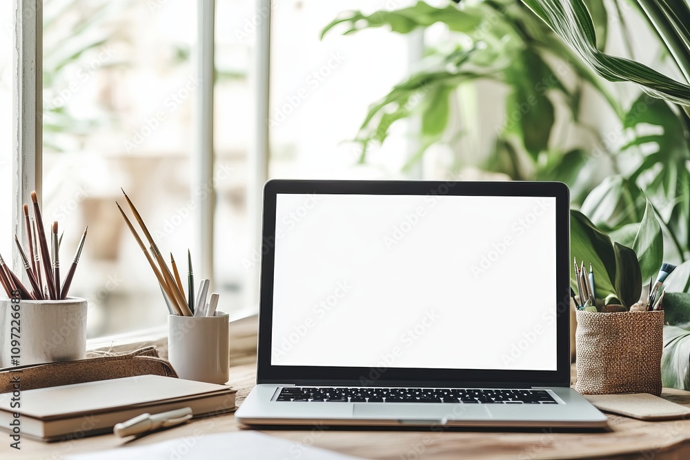 Fototapete mockup home or studio workspace with laptop computer art supplies books and pen create a mockup of a