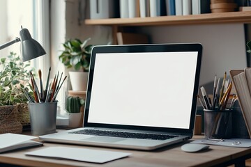 Mockup Home or studio workspace with laptop computer art supplies books and pen Create a mockup of a desk area and laptop with a blank screen for a graphics montage