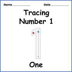 1 number tracing practice worksheet and coloring book page with outline vector for Pre-school Kids