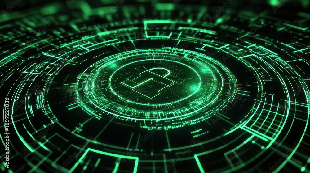 Poster futuristic green digital lock icon surrounded by glowing circuits.