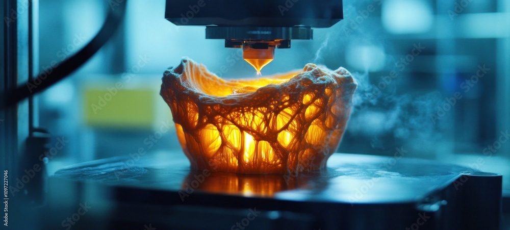 Poster 3d printing innovation: a glowing intricate object takes shape