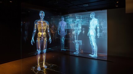 Fototapeta premium Holographic human body anatomy projections in dark room.