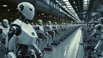 Fototapeta premium Spacious manufacturing floor, rows of robotic arms working on assembly lines, high-tech environment 