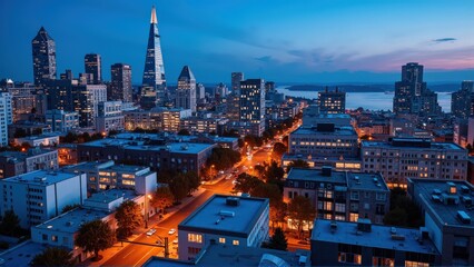 Obraz premium Generative AI, Dynamic Urban Skyline at Dusk