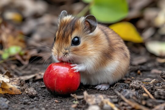 A Campbell dwarf hamster is munching on a fallen ripe Surinam cherry Its scientific name is Phodopus campbelli