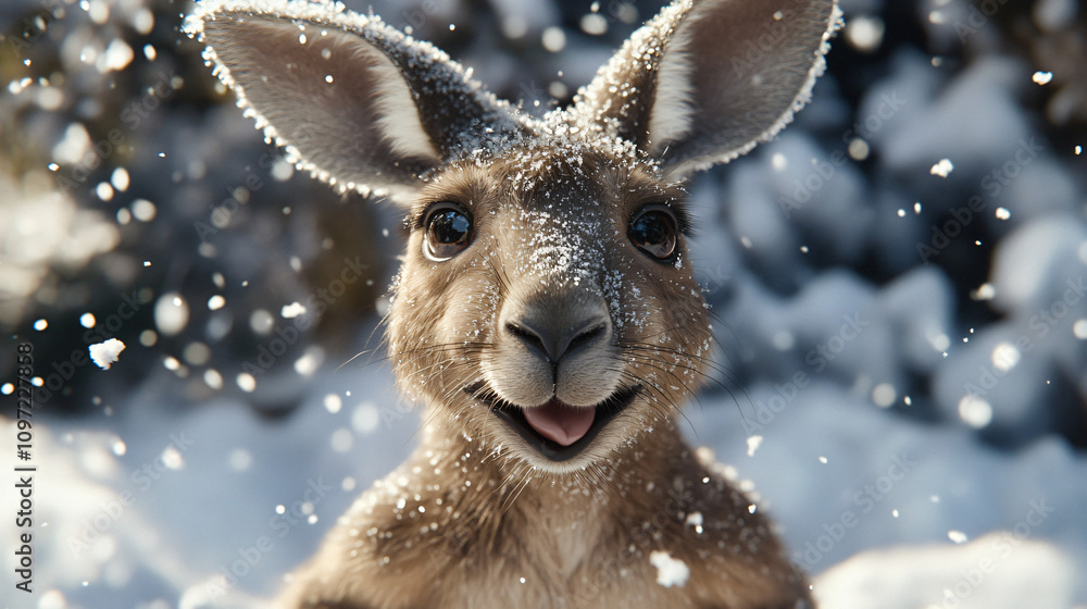 Poster charming kangaroo basking in a snow-covered wonderland, creating a heartwarming and enchanting momen