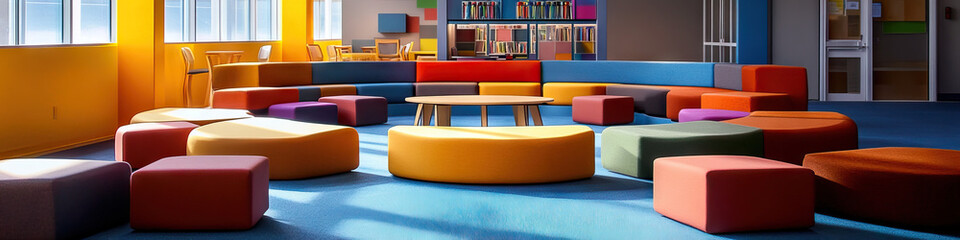 An open area with low seating, surrounding a central discussion or project area, ready for group learning and exploration.