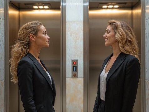 Duas amigas em ambiente corporativo conversando descontraidamente em frente ao elevador