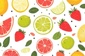 Abstract tropical design featuring grapefruit strawberry lime lemon and apple on a white backdrop