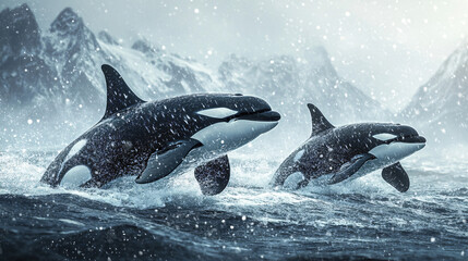 Fototapeta premium Thrilling wildlife spectacle: two powerful killer whales breaching the surface of a frigid, snowy arctic ocean