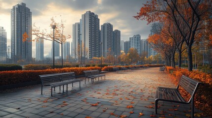 A serene urban park in autumn, featuring benches and vibrant foliage amidst tall buildings.