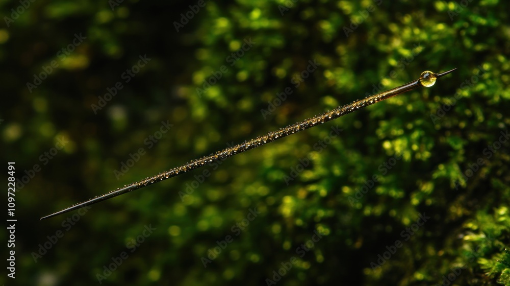 Poster a close-up of a slender, elongated insect resting on a mossy surface.