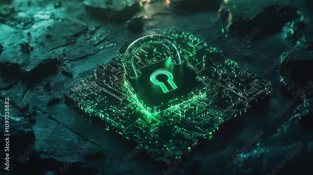 Poster a digital lock symbol on a circuit board, representing cybersecurity and data protection.