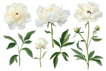 Botanical assortment of isolated white peonies on a white backdrop ideal for floral designs cards and weddings