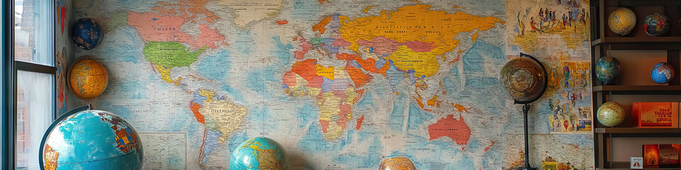 Geographical Gateway: A map-covered wall and globe-filled corner, inspiring exploration of geography and world cultures.