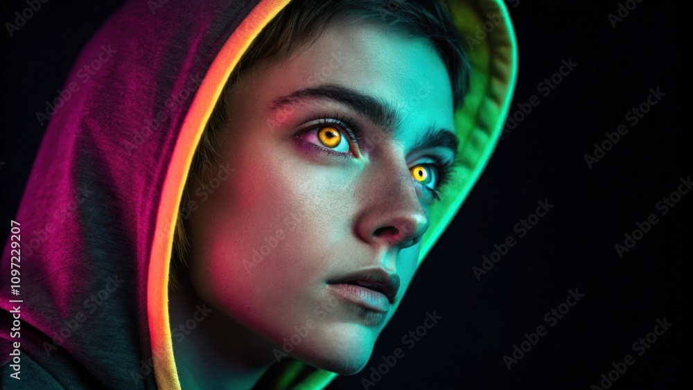 Poster a person with pronounced features and vibrant hazel eyes is captured in midexpression the neon color