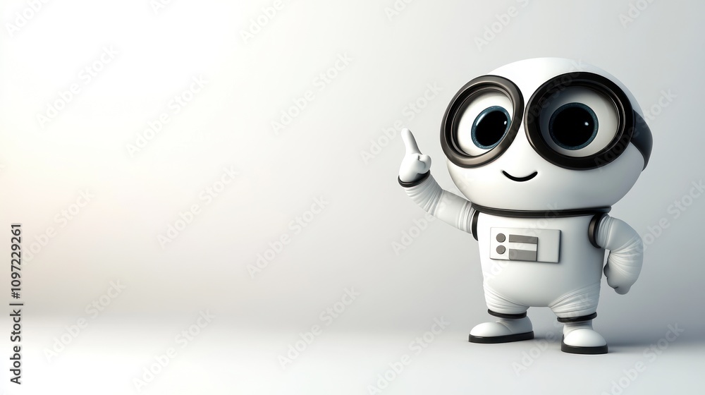 Poster A cute robot character with large eyes, posing playfully in a minimalist setting.