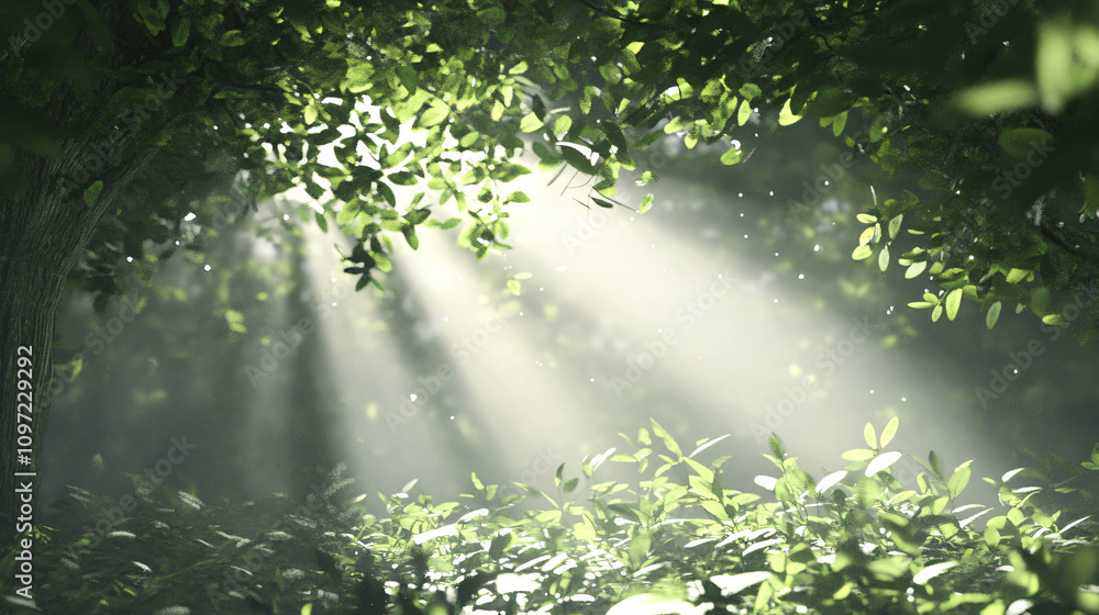 Poster misty forest undergrowth illuminated by light rays, creating a tranquil and enchanting natural beaut