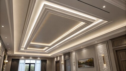 Fototapeta premium The ceiling features discreet integrated lighting that highlights the architectural lines creating a sense of height. This design choice adds a modern touch while preserving the