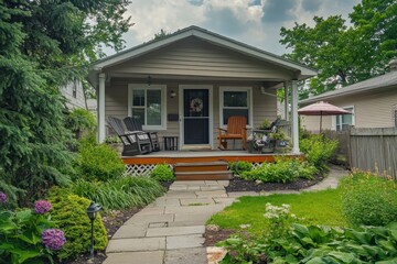 Charming bungalow with a front door rocking chairs and a fenced backyard featuring patio furniture and an umbrella