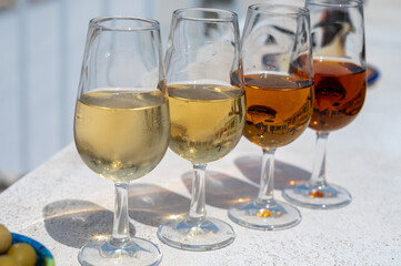 Sherry fino, manzanilla, cream wine tasting on roof of old Triana district in Sevilla with view on Sevilla houses and churches, wine glasses