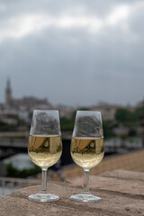 Sherry fino wine tasting on roof of old Triana district in Sevilla with view on Sevilla houses and churches, wine glasses