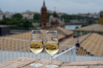 Sherry fino wine tasting on roof of old Triana district in Sevilla with view on Sevilla houses and churches, wine glasses